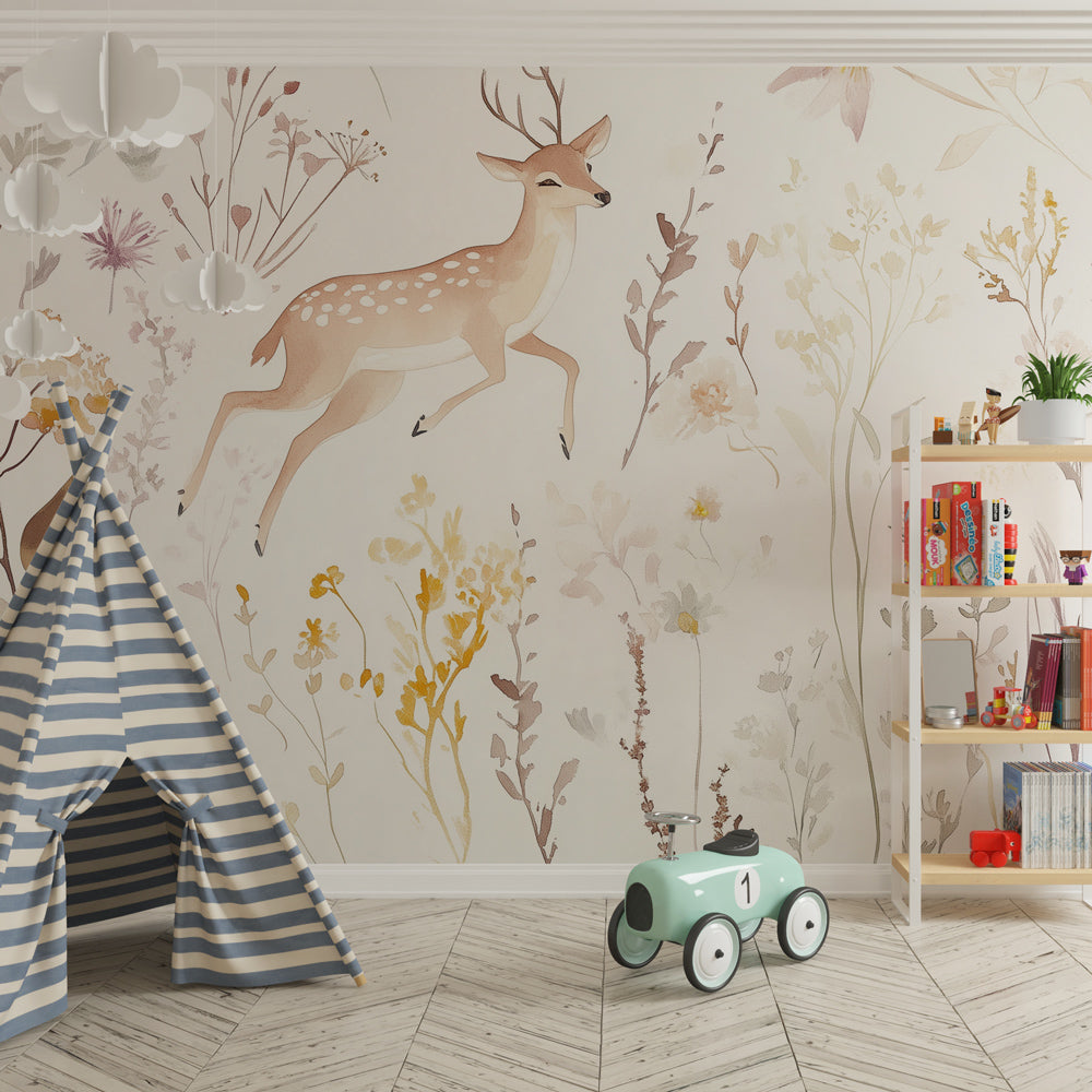 Graceful deer and floral mural wallpaper creating serene atmosphere in baby room