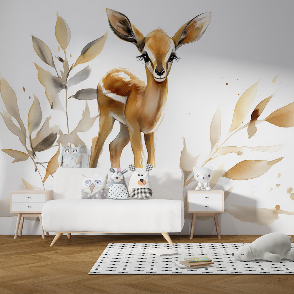 Woodland deer wallpaper creating peaceful atmosphere in children's bedroom with earth tones