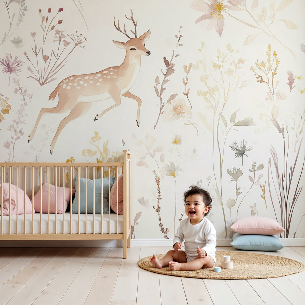 Enchanted deer mural wallpaper with pastel flowers in modern baby nursery by Kids-Mundo