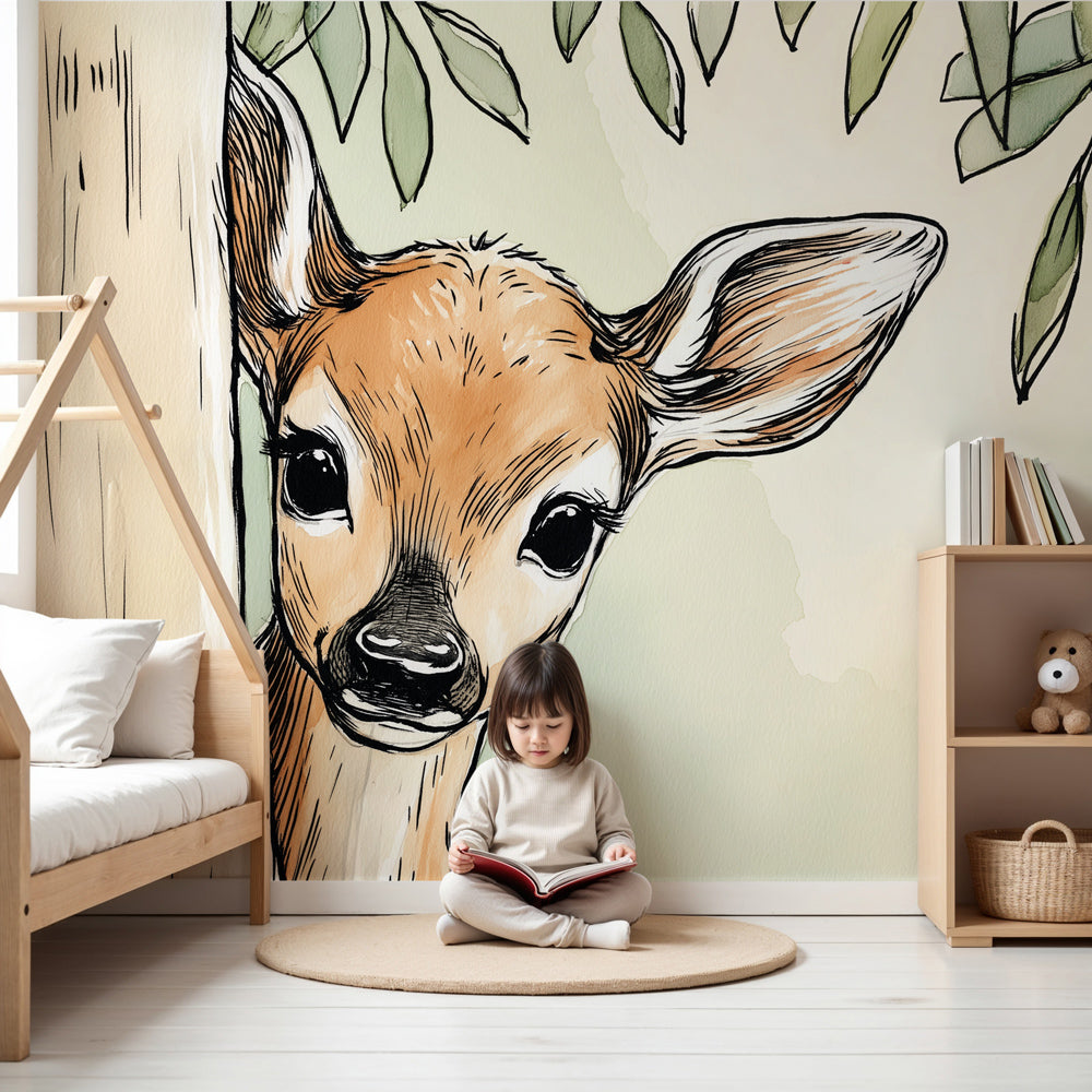 Curious fawn deer mural wallpaper in peaceful nursery setting by Kids-Mundo