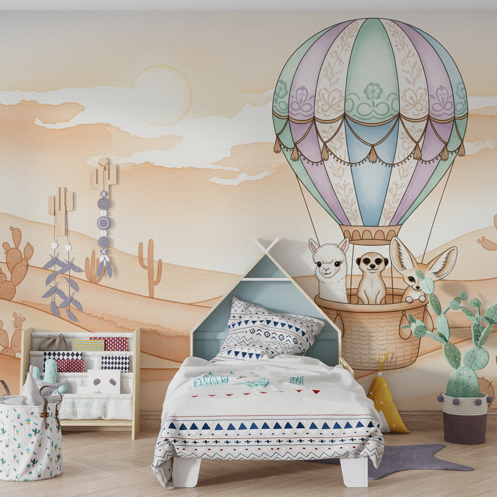 Hot air balloon desert adventure wallpaper creating cozy kids bedroom atmosphere with natural decor