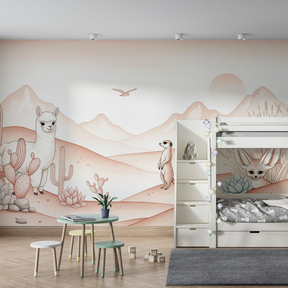 Pastel desert animals wallpaper creating peaceful atmosphere in children's bedroom