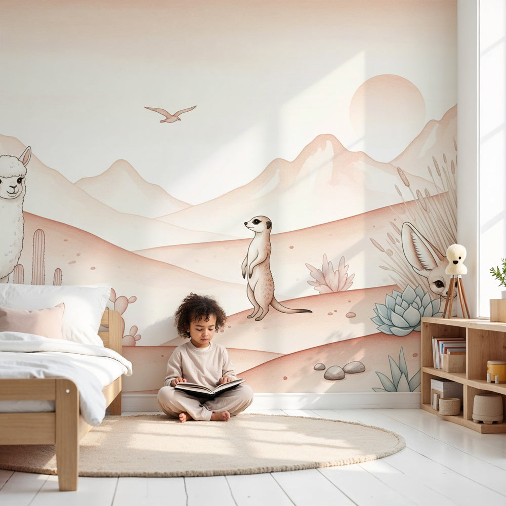 Desert animals mural wallpaper featuring alpaca and meerkats in modern nursery by Kids-Mundo