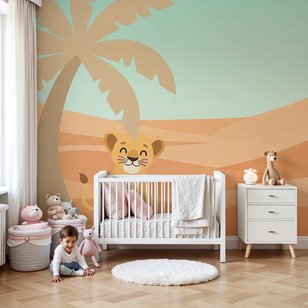 Desert lion mural wallpaper in modern nursery with safari theme decor by Kids-Mundo