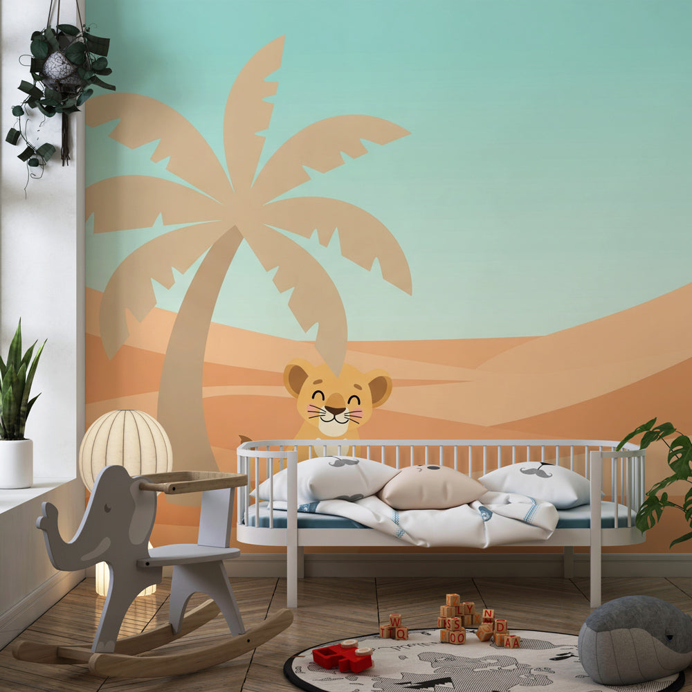 Safari lion wallpaper creating adventure themed toddler bedroom with warm desert colors