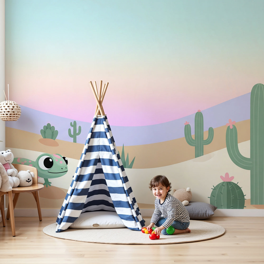 Desert lizard mural wallpaper in modern nursery with natural wood crib by Kids-Mundo