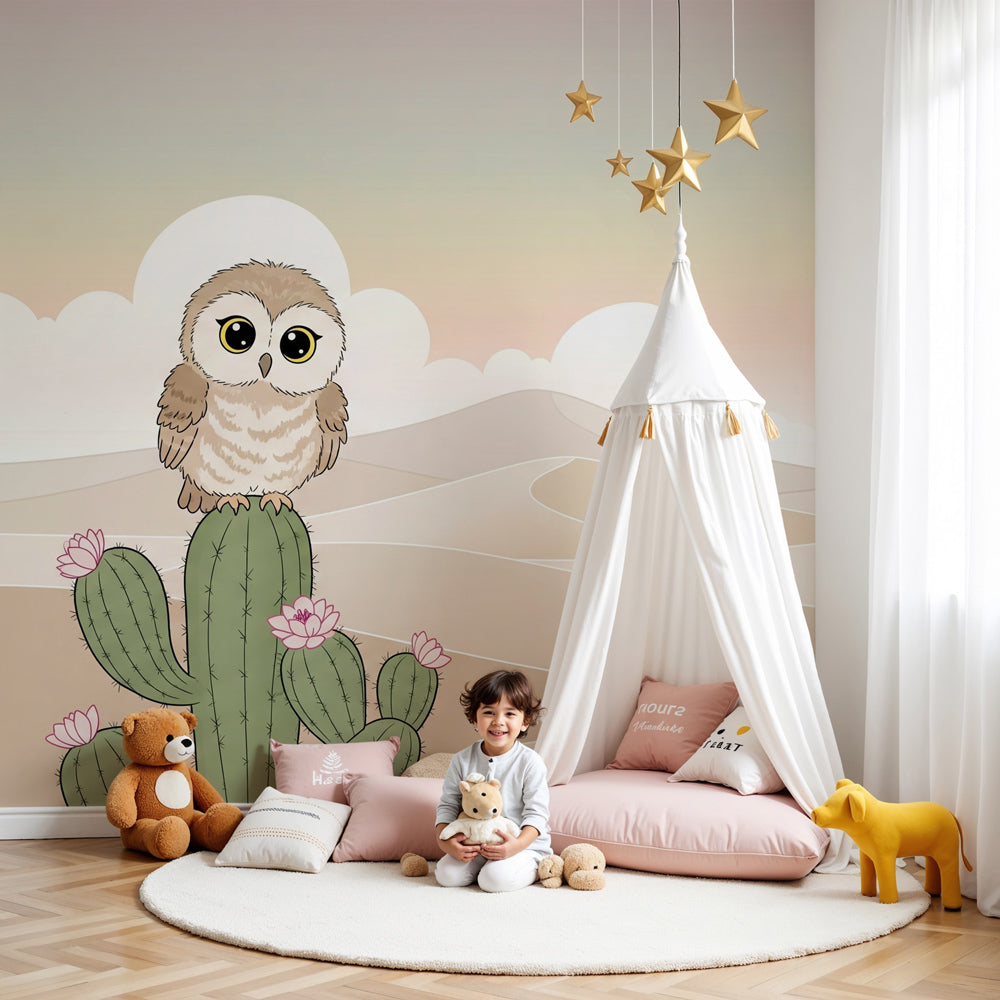 Desert owl mural wallpaper creating serene nursery decor with soft pink and beige tones by Kids-Mundo