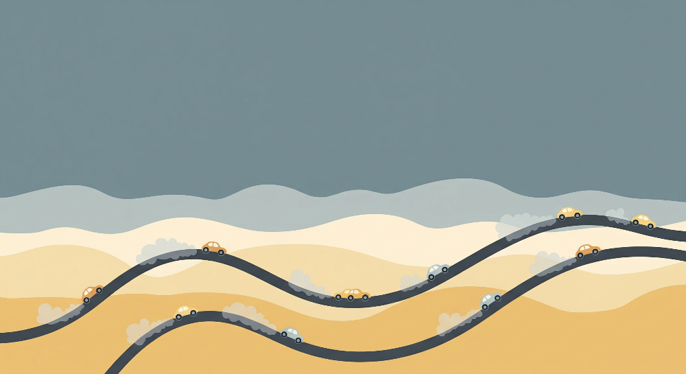 Kids-Mundo flat artwork preview of the winding desert road wall mural featuring colourful toy cars.