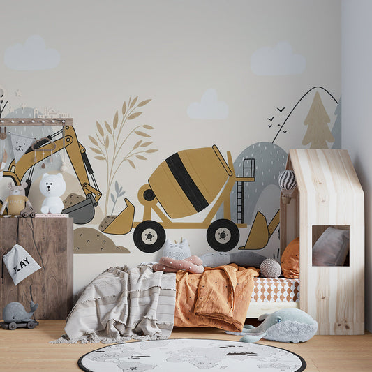 Kids-Mundo construction vehicles wall mural covering a kids bedroom wall above a single bed.
