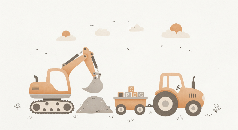 Cute Construction Vehicles and Alphabet Blocks Wall Mural