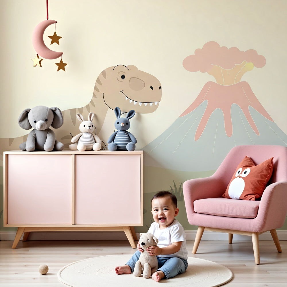 Dinosaur adventure mural wallpaper with friendly dino and volcano in modern nursery by Kids-Mundo