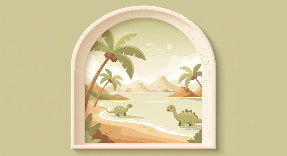 Dinosaur Beach Window View Wall Mural