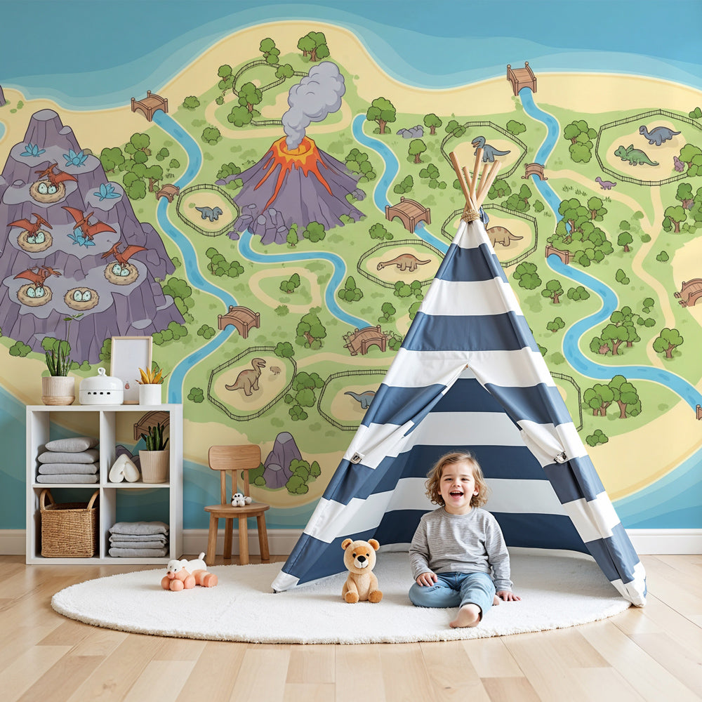 Dinosaur island mural wallpaper creating prehistoric adventure theme in modern kids bedroom by Kids-Mundo