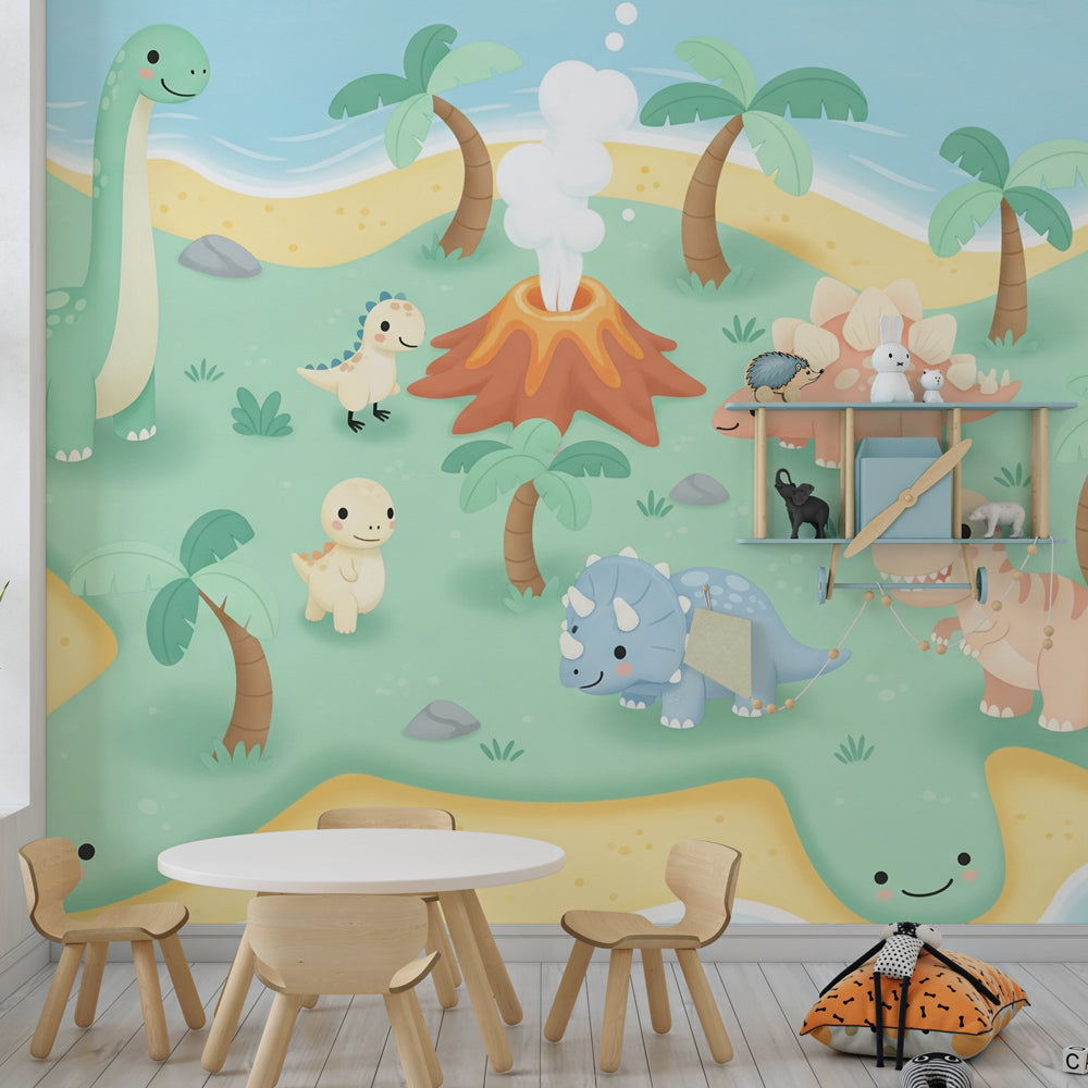 Tropical dinosaur mural wallpaper transforming kids bedroom into prehistoric paradise by Kids-Mundo