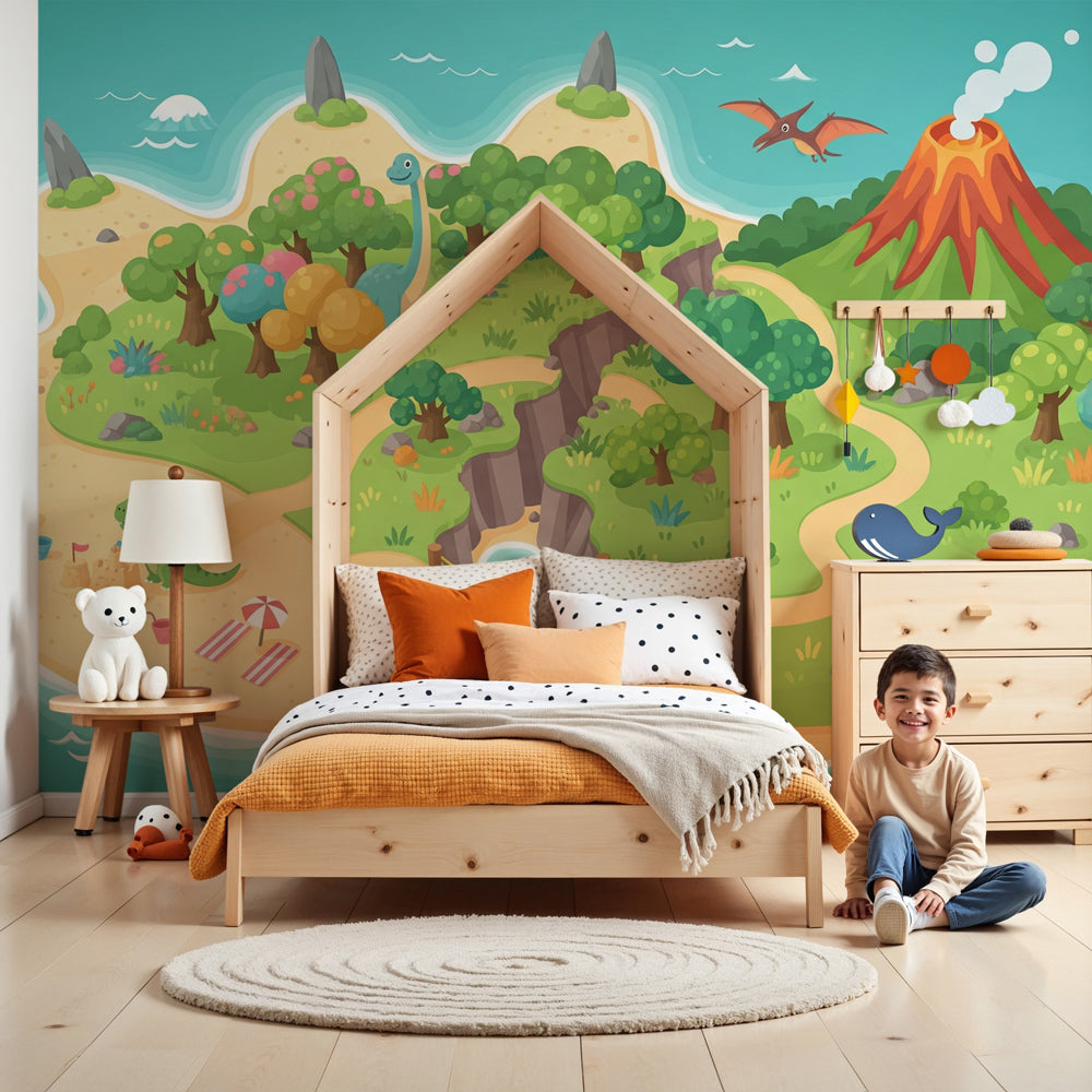 Dinosaur island mural wallpaper in modern kids nursery with tropical adventure theme by Kids-Mundo