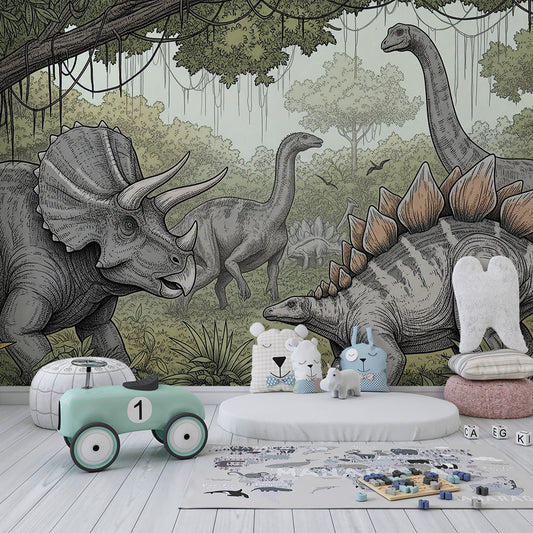Kids-Mundo dinosaur jungle wall mural in a kids' bedroom with triceratops and stegosaurus
