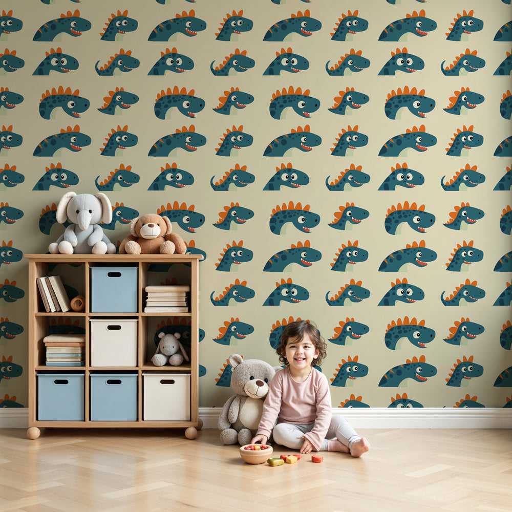Cheerful dinosaur mural wallpaper in modern kids bedroom with blue and orange prehistoric theme by Kids-Mundo