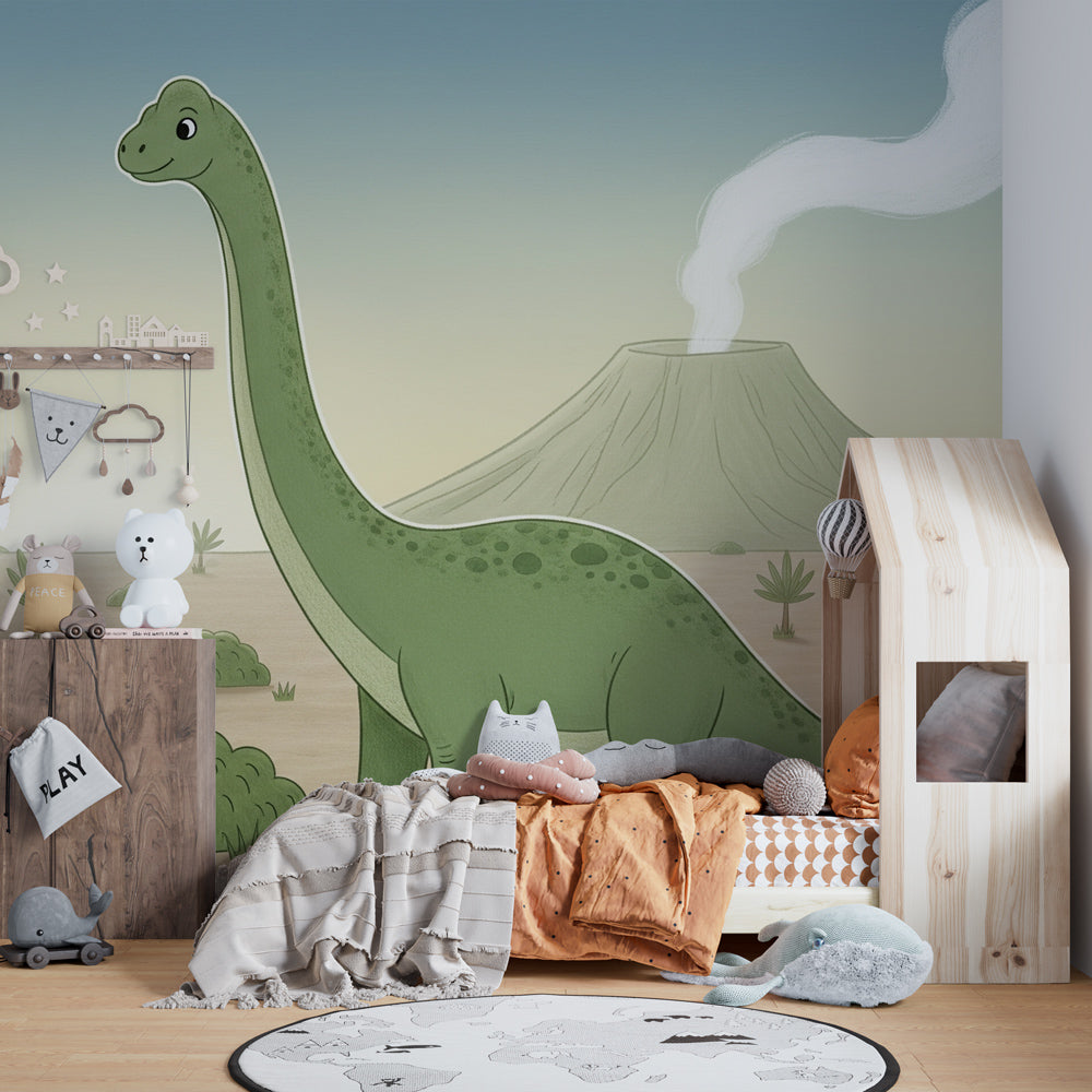 Prehistoric dinosaur wallpaper with volcano and tropical plants in children's bedroom setting