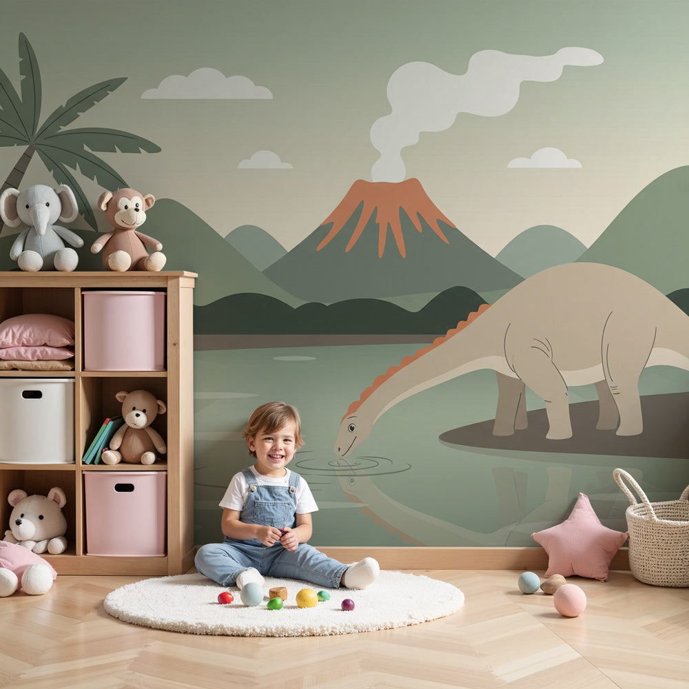 Dinosaur mural wallpaper creating prehistoric adventure theme in modern kids bedroom by Kids-Mundo