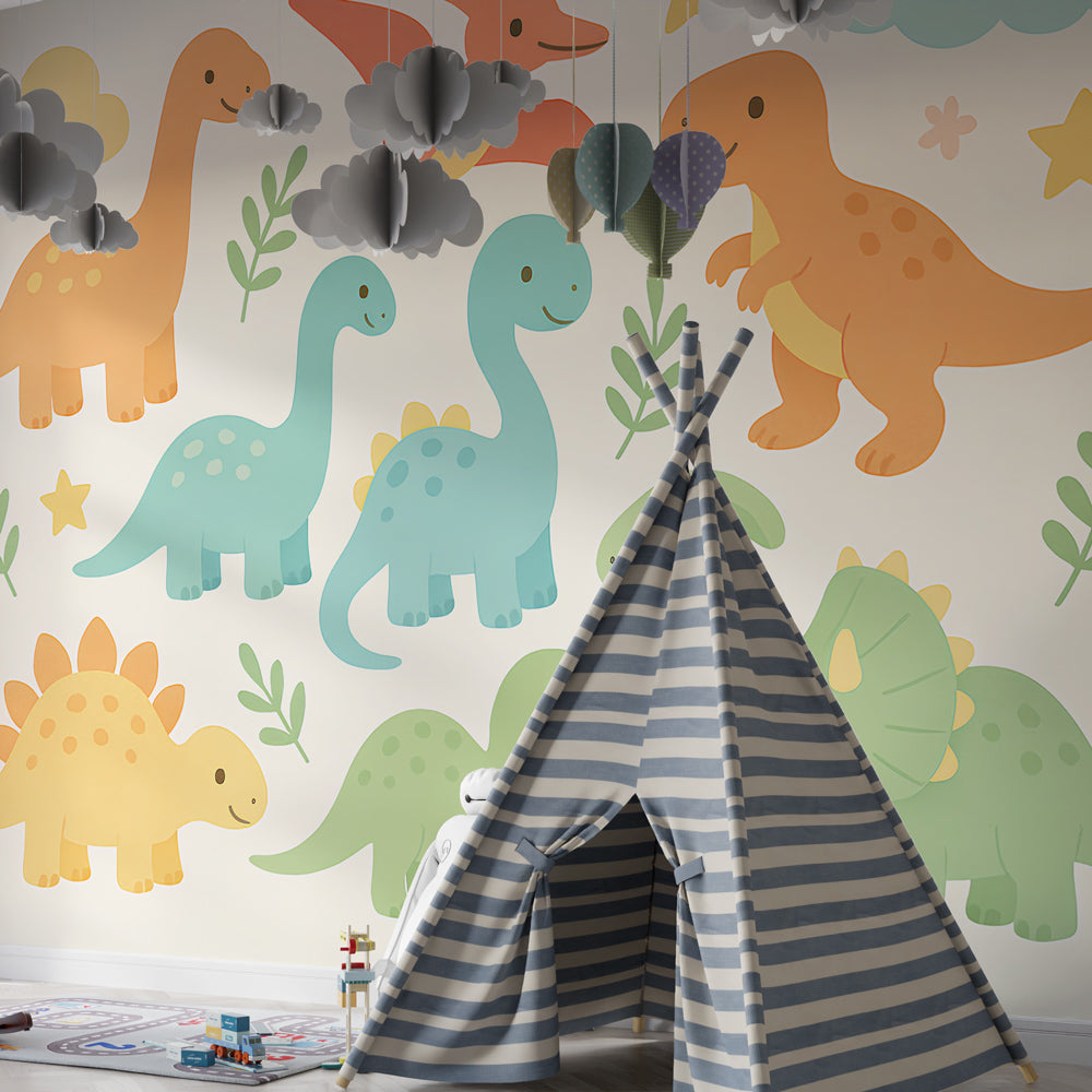 Dinosaur wallpaper transforming children's bedroom with educational prehistoric creatures and vibrant colors