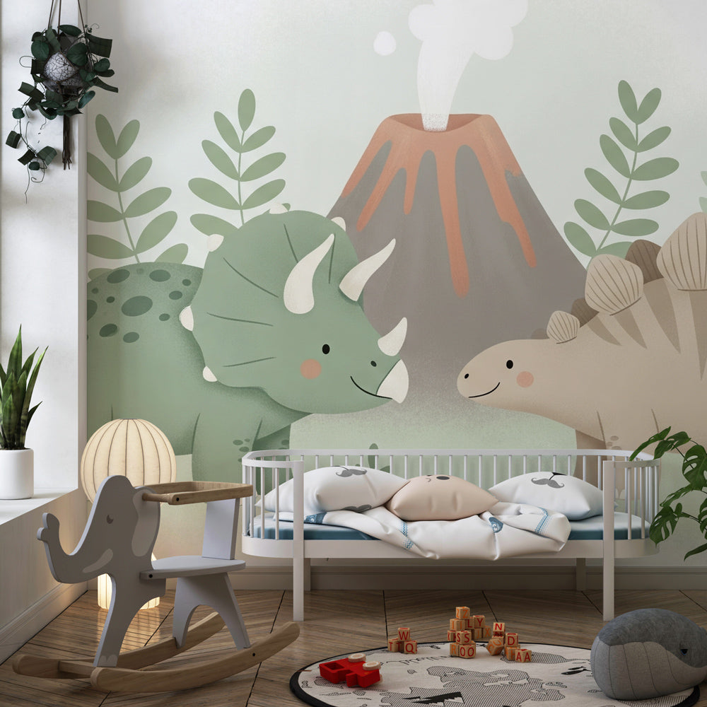 Prehistoric dinosaur wallpaper creating adventurous children's bedroom decor with natural tones