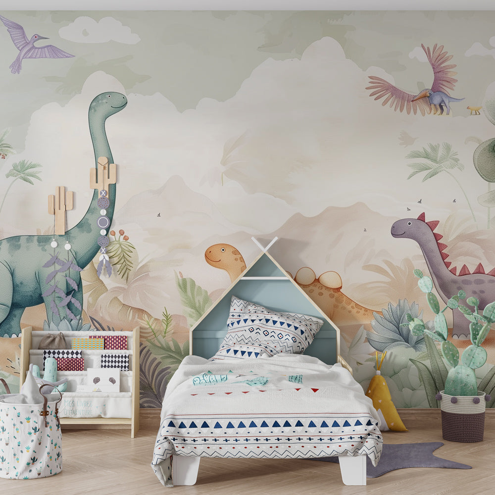 Colorful dinosaur wallpaper creating playful children's bedroom decor with exotic landscape