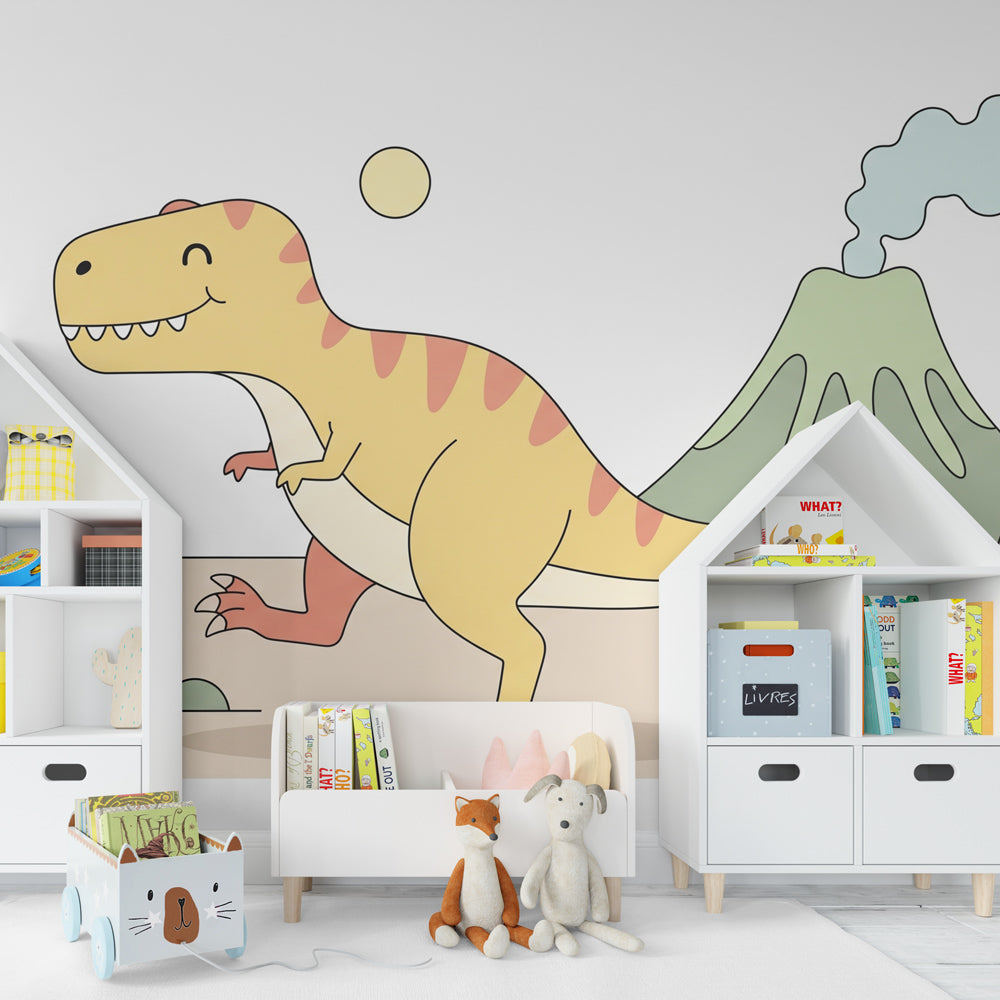 Prehistoric dinosaur wallpaper creating adventurous children's bedroom decor with volcano scene