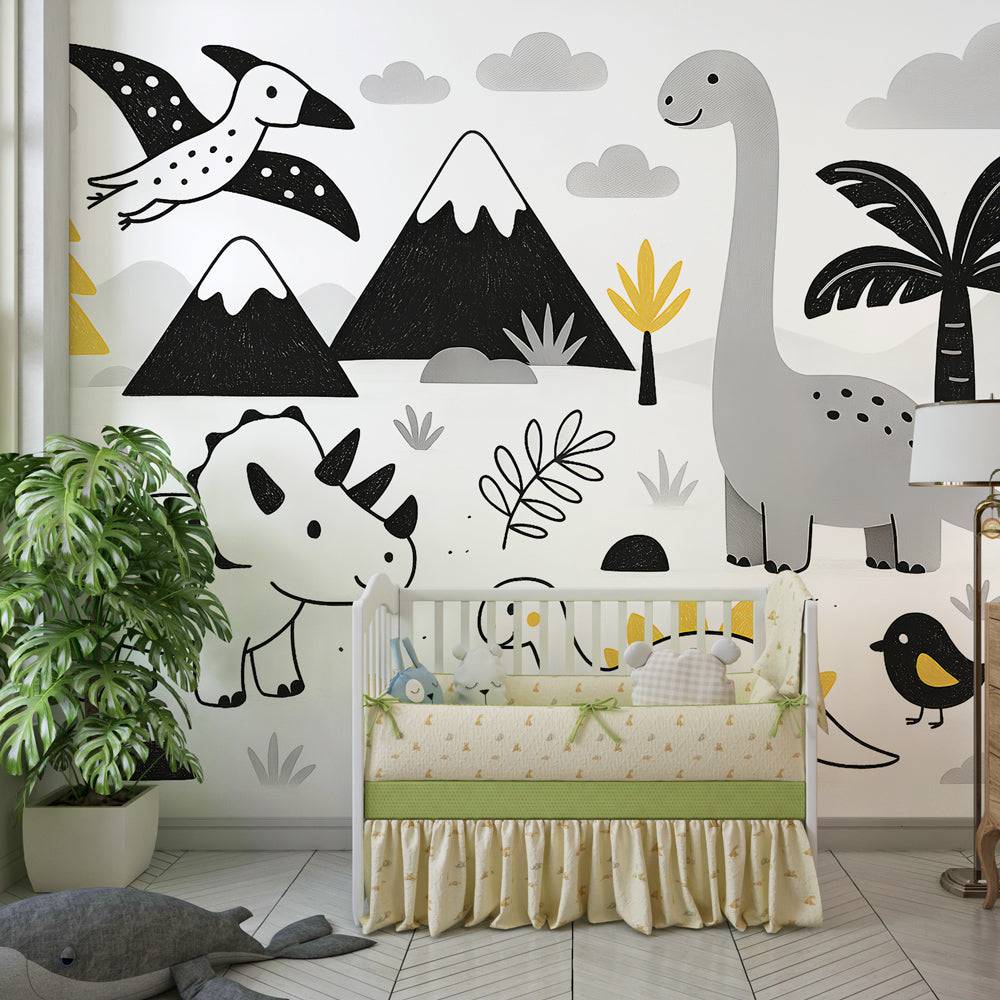 Pastel dinosaur wallpaper creating peaceful children's bedroom decor with mountain landscape