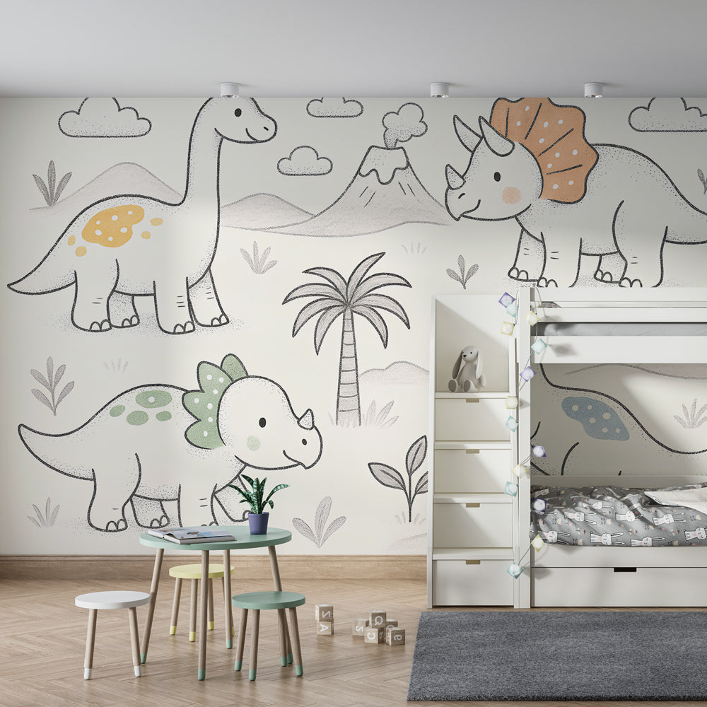 Prehistoric dinosaur wallpaper creating playful atmosphere in children's bedroom decor