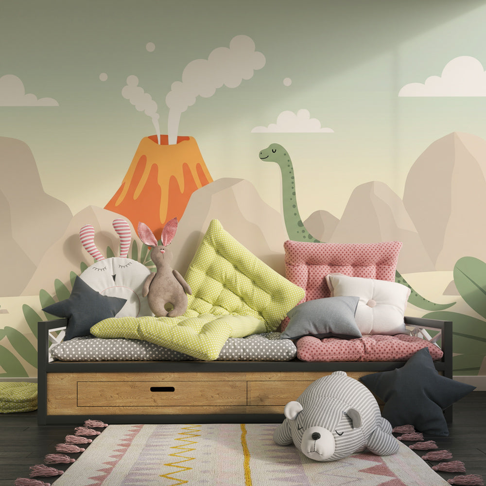 Prehistoric dinosaur wallpaper creating adventurous children's bedroom decor with volcanic landscape