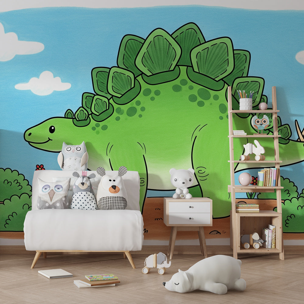 Prehistoric dinosaur wallpaper creating adventure-themed kids bedroom decor with nature elements