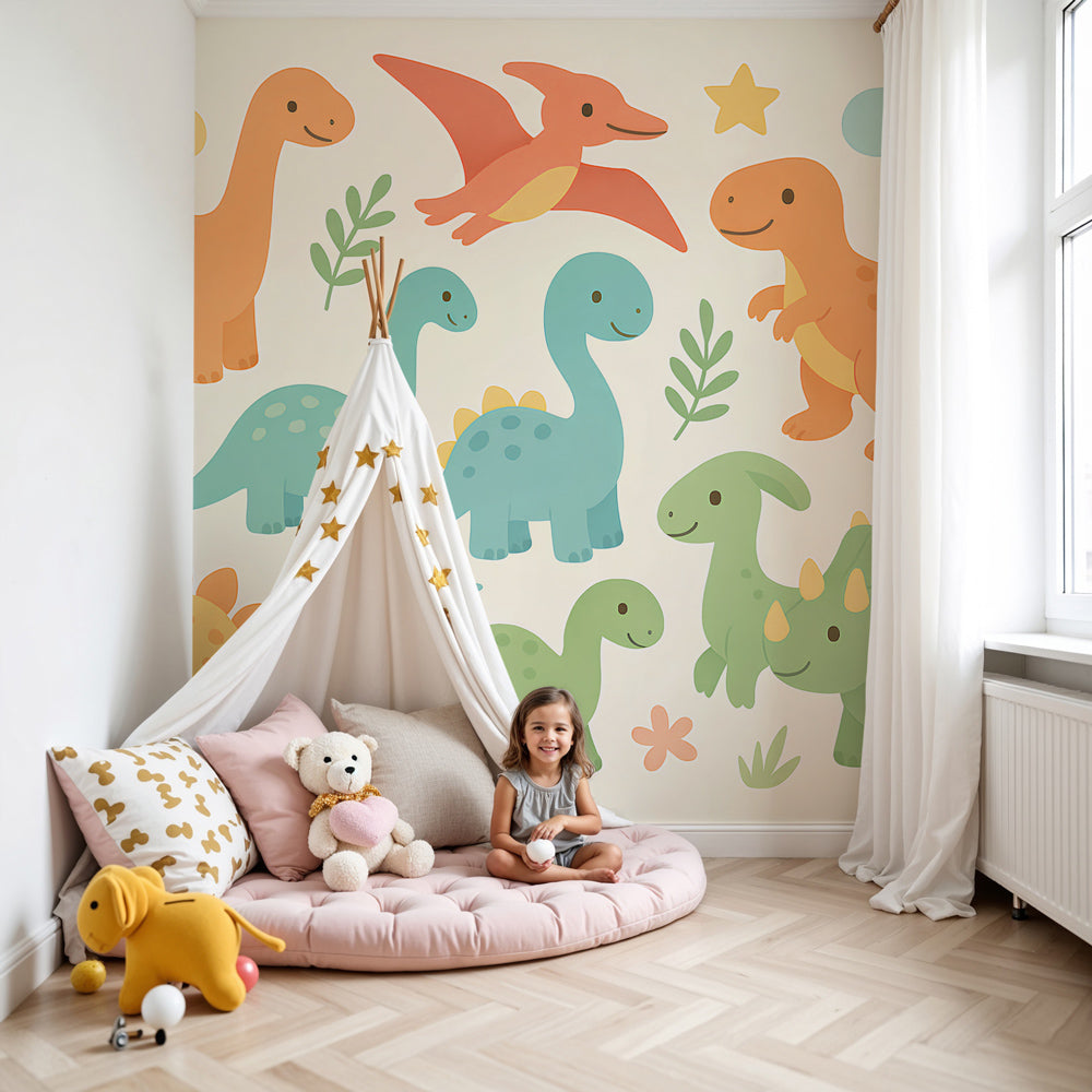 Colorful dinosaur mural wallpaper creating prehistoric adventure theme in modern kids nursery by Kids-Mundo