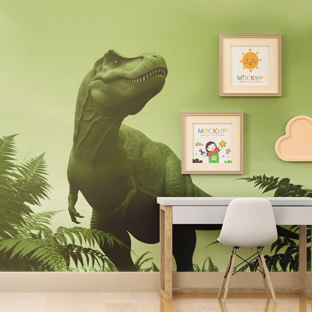 Jungle dinosaur wallpaper with T-Rex design transforming nursery into adventure-themed space