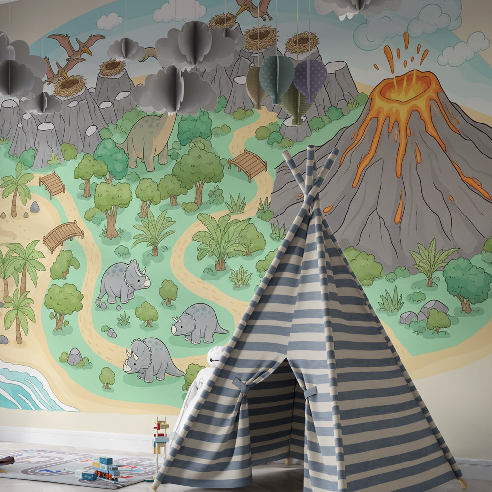 Prehistoric island dinosaur wallpaper transforming nursery into Jurassic adventure space