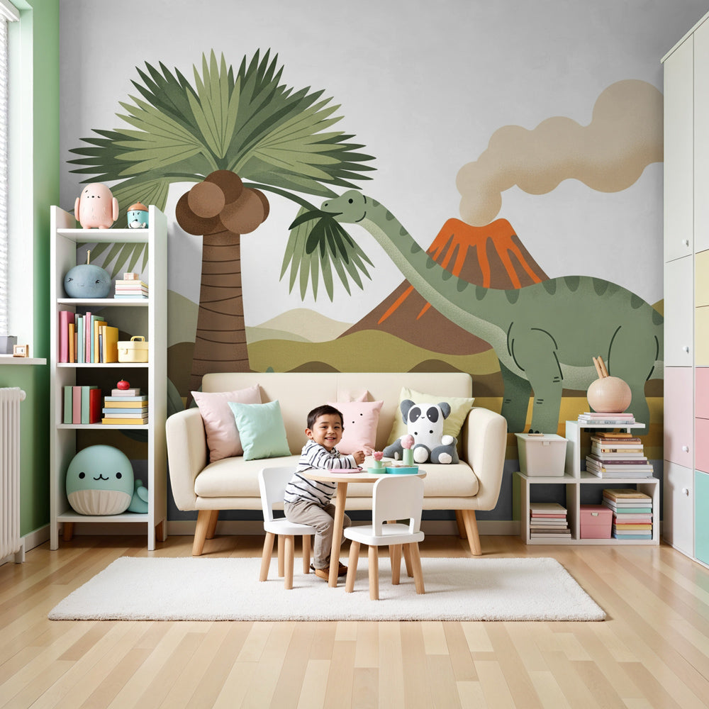 Dinosaur mural wallpaper in modern nursery with natural wood furniture by Kids-Mundo