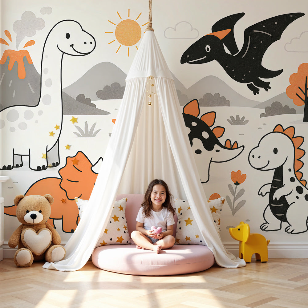 Dinosaur mural wallpaper creating prehistoric adventure theme in modern kids nursery by Kids-Mundo