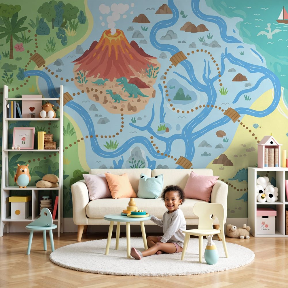 Dinosaur mural wallpaper creating prehistoric adventure theme in modern kids nursery by Kids-Mundo