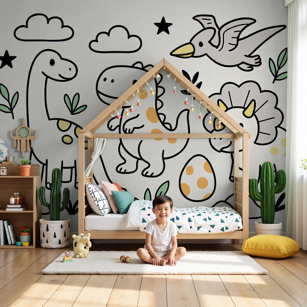 Dinosaur mural wallpaper in modern nursery with wooden crib and natural decor by Kids-Mundo