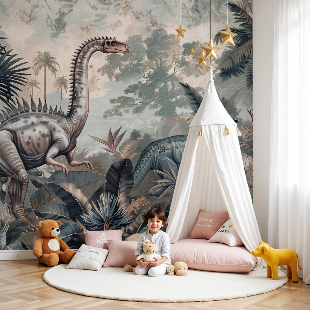 Dinosaur mural wallpaper creating Jurassic jungle atmosphere in modern kids nursery by Kids-Mundo