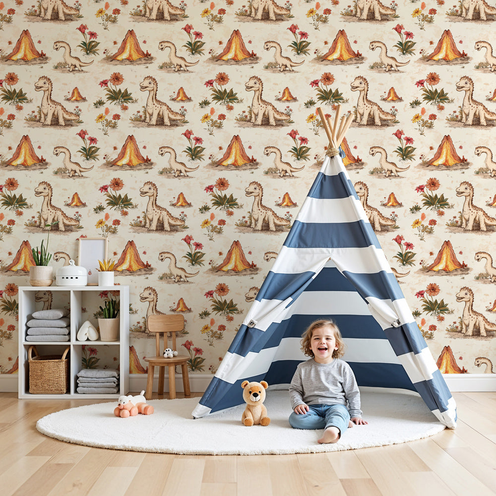 Dinosaur mural wallpaper creating prehistoric adventure theme in modern children's nursery by Kids-Mundo