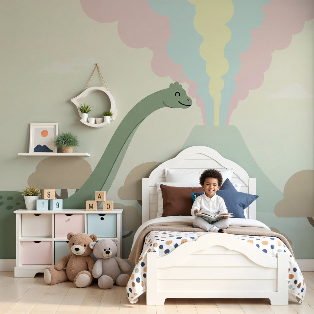 Dinosaur mural wallpaper with volcanic landscape in modern kids nursery by Kids-Mundo