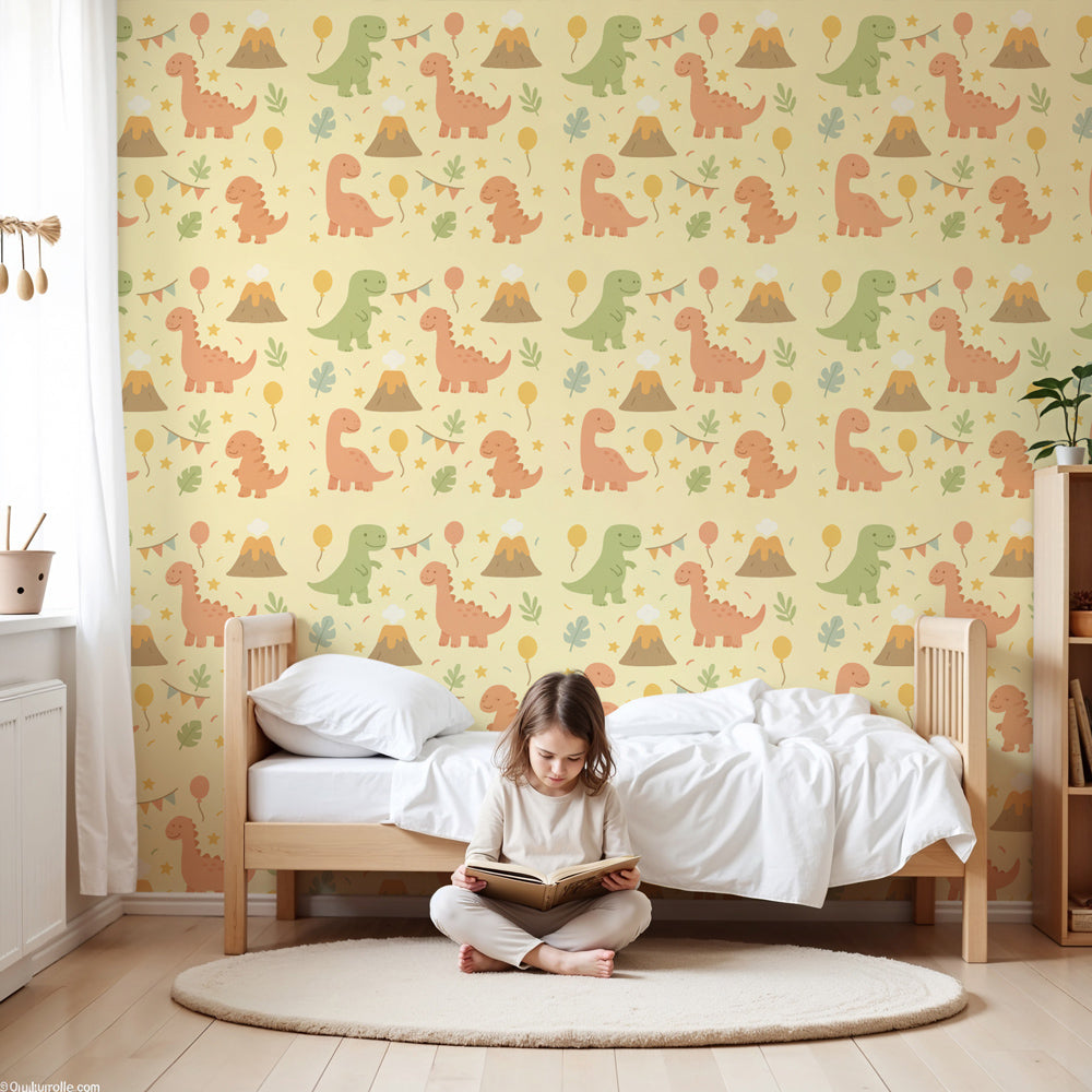 Dinosaur mural wallpaper in modern nursery with prehistoric adventure theme by Kids-Mundo