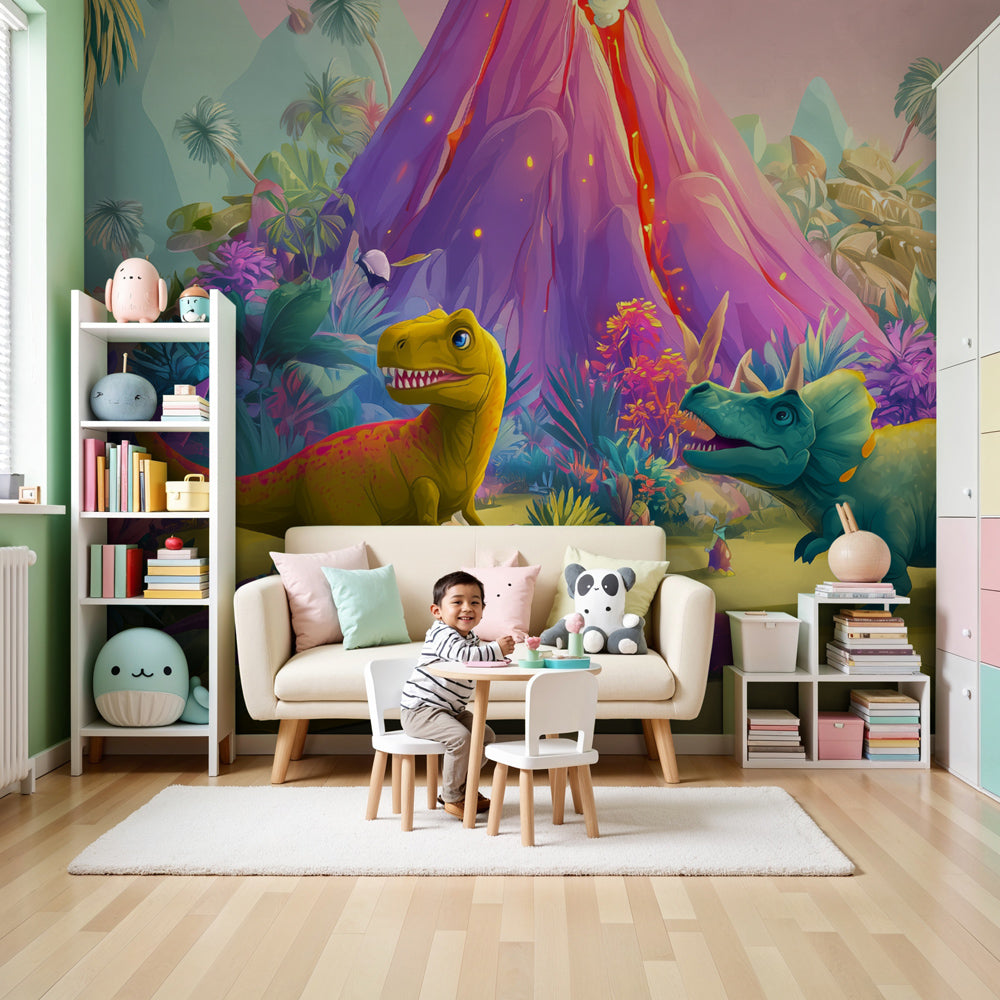Colorful dinosaur mural wallpaper in modern nursery room with prehistoric volcanic scene by Kids-Mundo