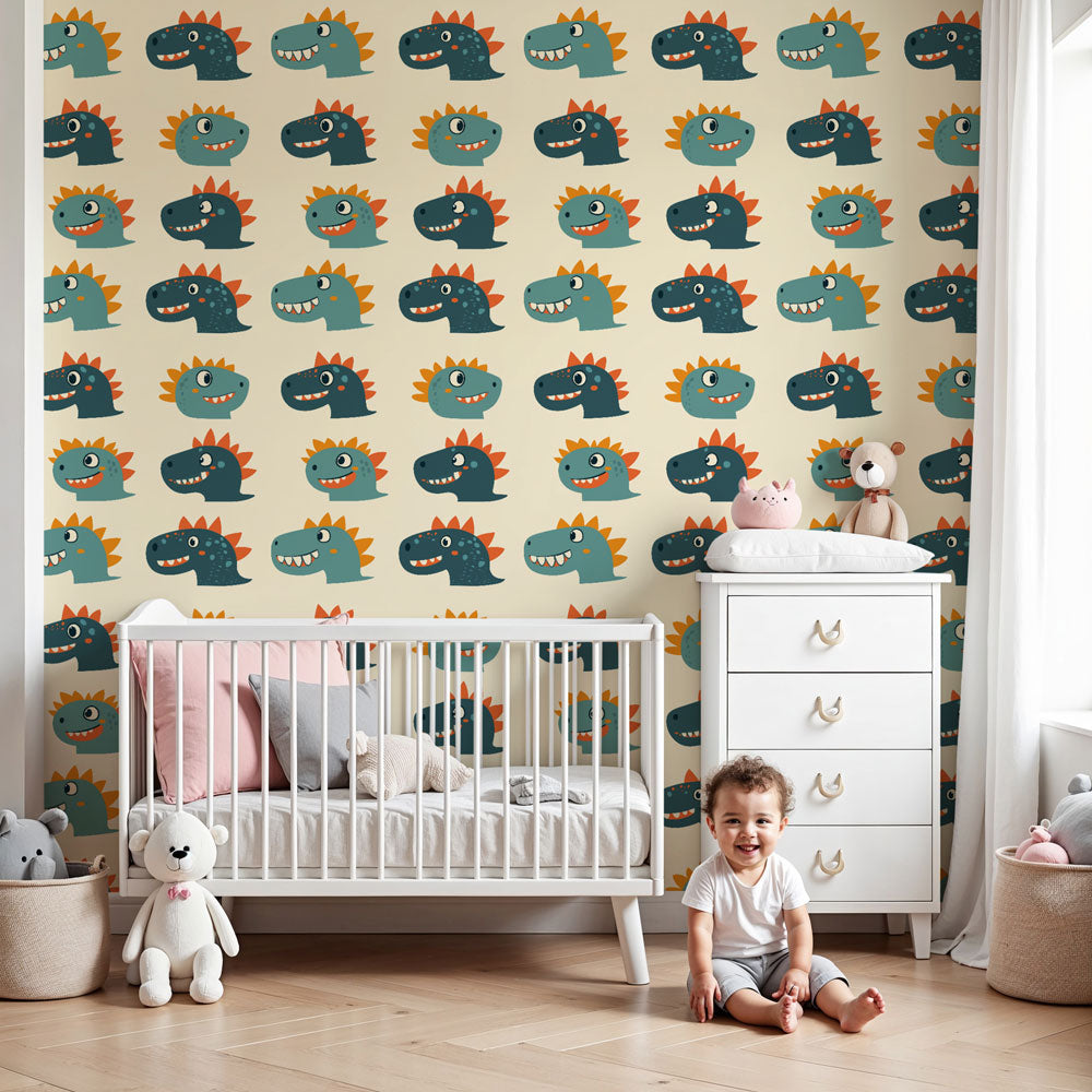 Colorful dinosaur mural wallpaper in modern nursery with natural wood furniture by Kids-Mundo