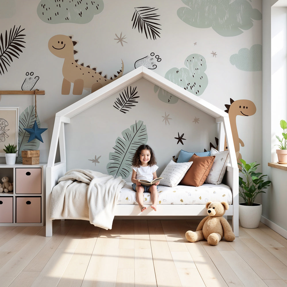 Cute dinosaur mural wallpaper in modern nursery with natural wood crib by Kids-Mundo
