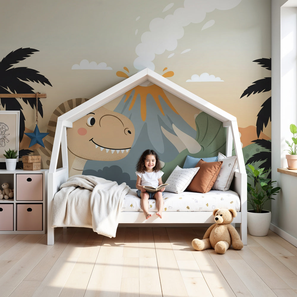 Friendly dinosaur mural wallpaper with T-Rex and volcano in modern nursery by Kids-Mundo