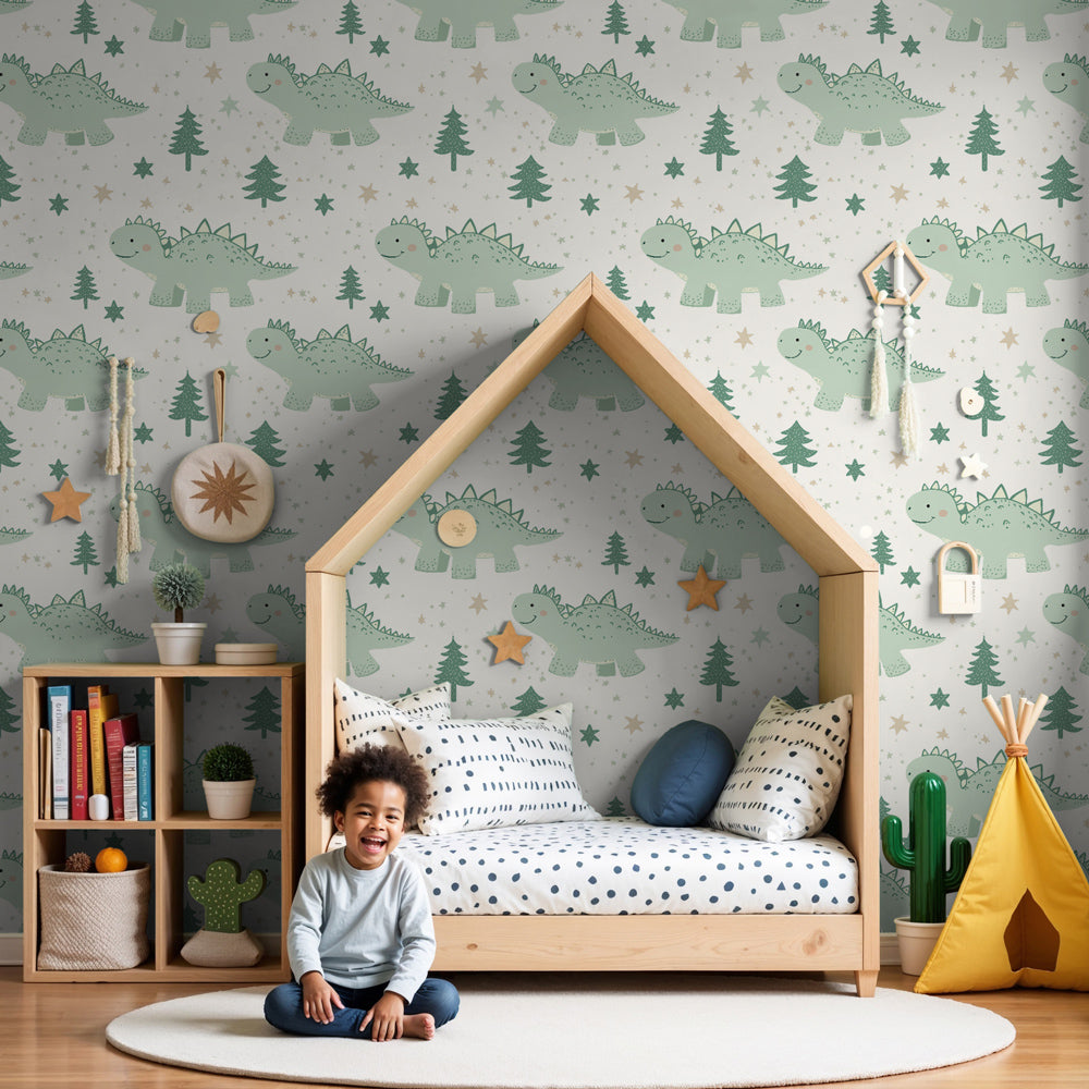 Cute dinosaur mural wallpaper in modern nursery with wooden crib by Kids-Mundo