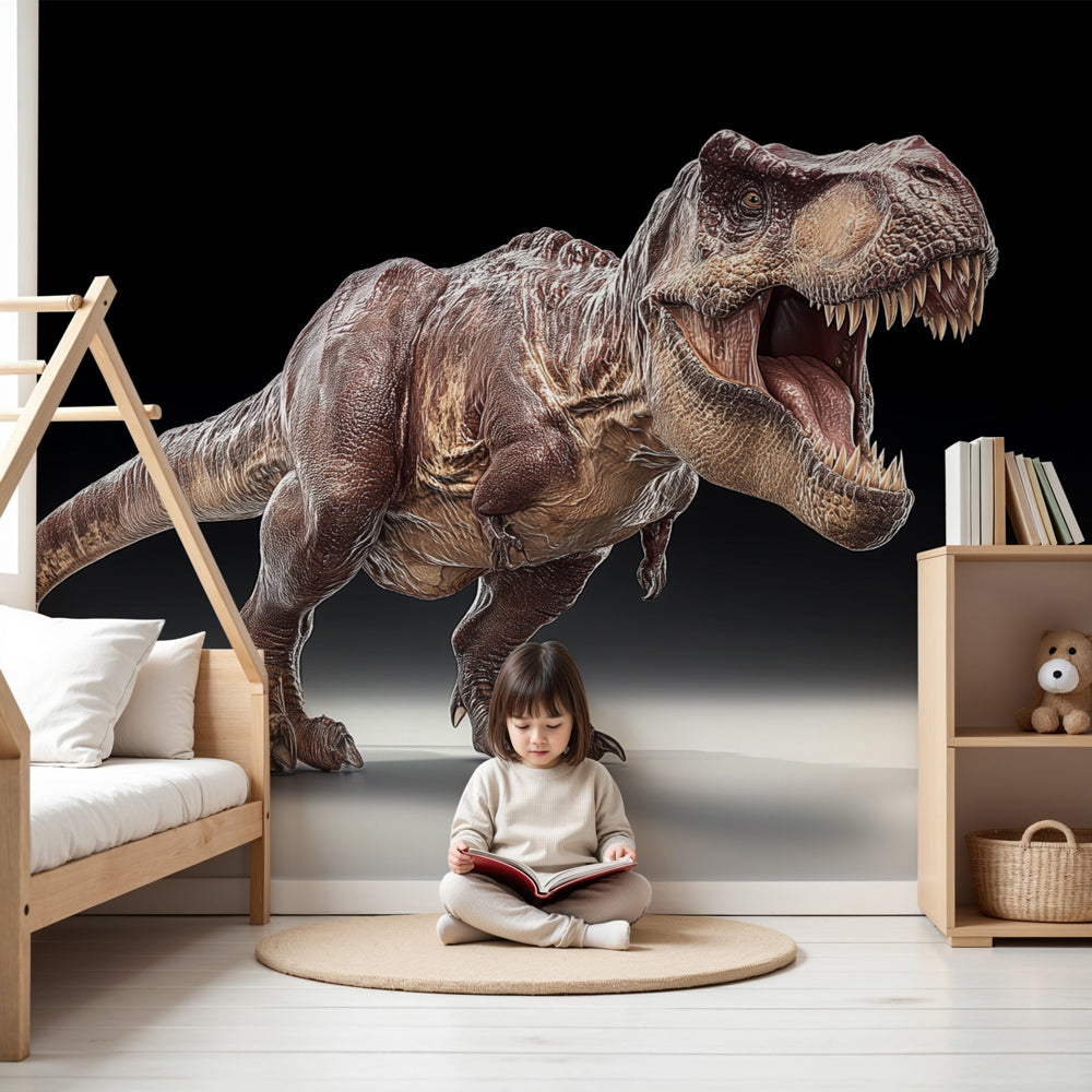 Realistic T-Rex dinosaur mural wallpaper creating prehistoric adventure atmosphere in kids bedroom by Kids-Mundo