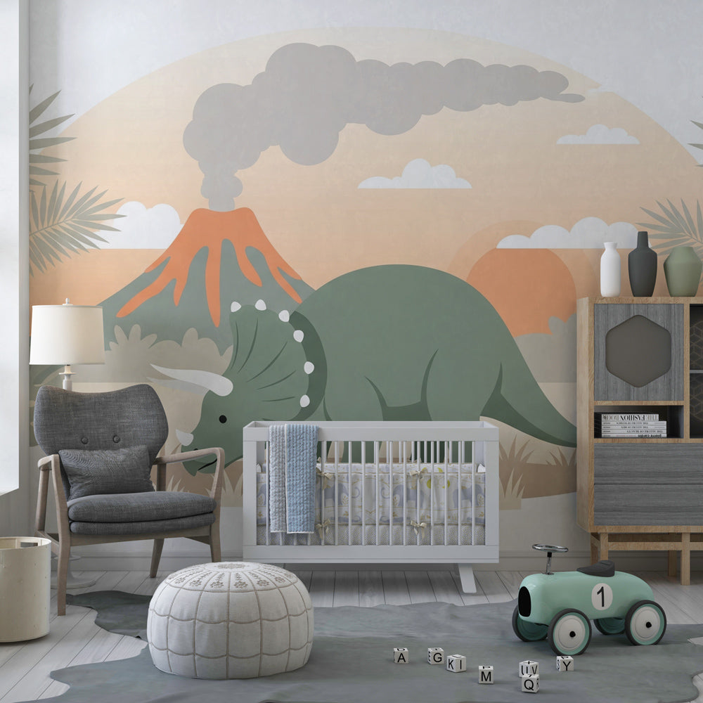 Volcanic prehistoric landscape mural wallpaper with triceratops for cozy nursery decor by Kids-Mundo