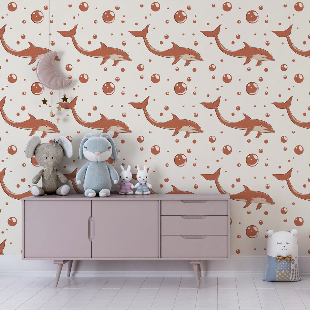 Marine dolphin wallpaper creating underwater adventure theme in kids bedroom